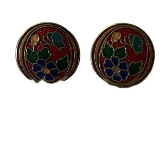Vintage Cloisonné Earrings floral w/ butterfly 🦋 - Picture 1 of 4